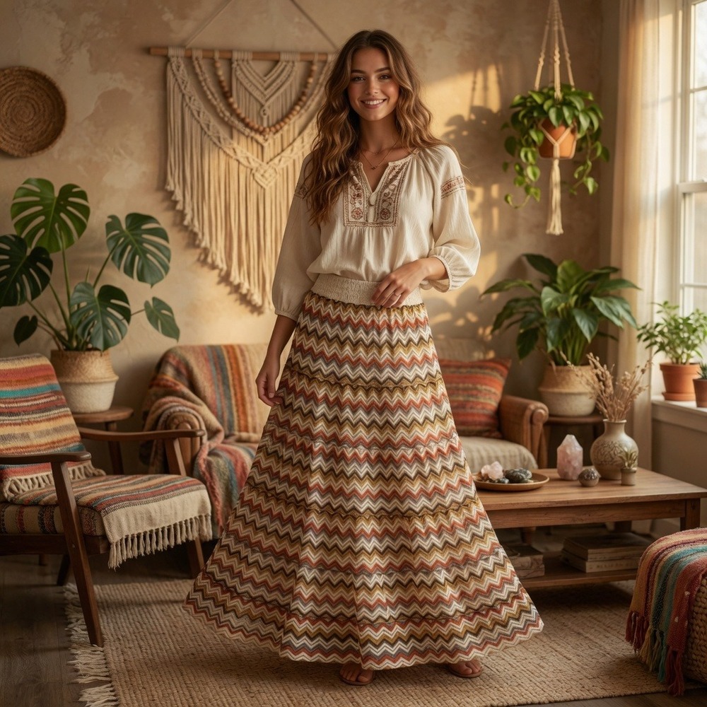 Lapis Womens Boho Chevron Crochet Maxi Skirt Multicolor Tiered Lined Size Large - Picture 1 of 7